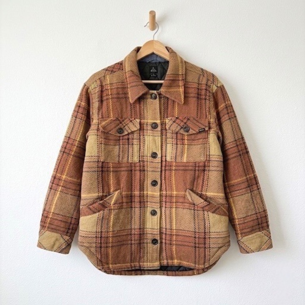 Prana Womens Lower Falls Flannel Jacket Medium Orange Brown Plaid Lined Shacket